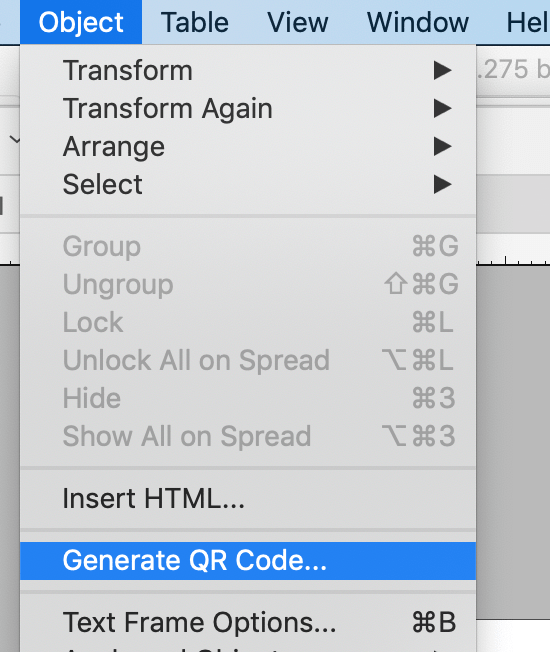 Het menu Object > Generate QR-Code