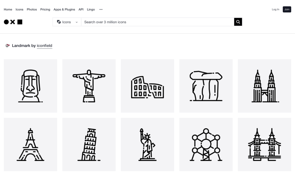 Een screenshot van de website van The Noun Project. Je ziet een aantal pictogrammen die je kunt downloaden. Deze pictogrammen zijn gemaakt in Adobe Illustrator. 