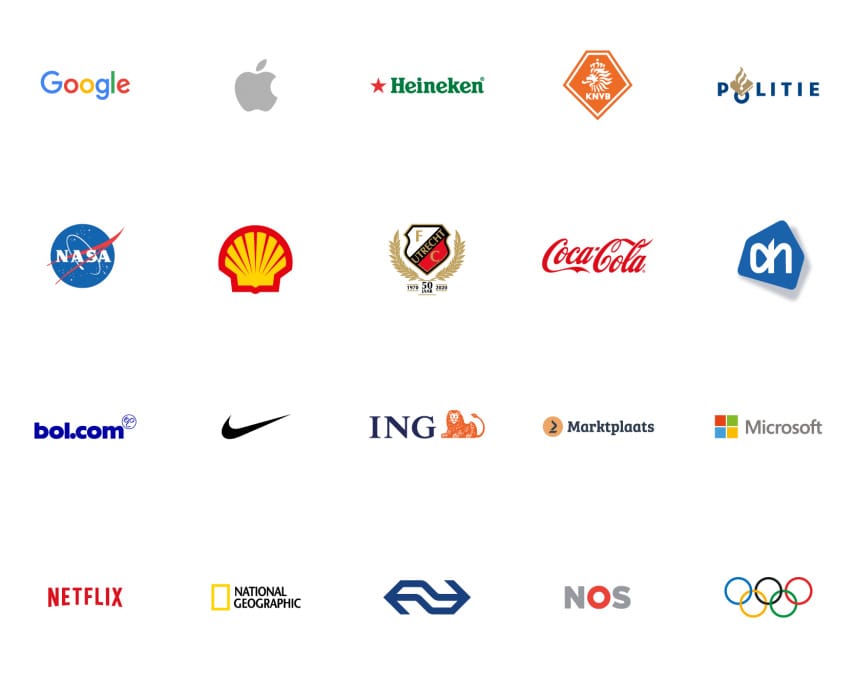 Logo's worden in een vector-programma ontworpen. In dit overzicht zie je een voorbeeld van verschillende logo's, zoals de logo's van Google, Heineken, Albert Heijn en Coca Cola. 